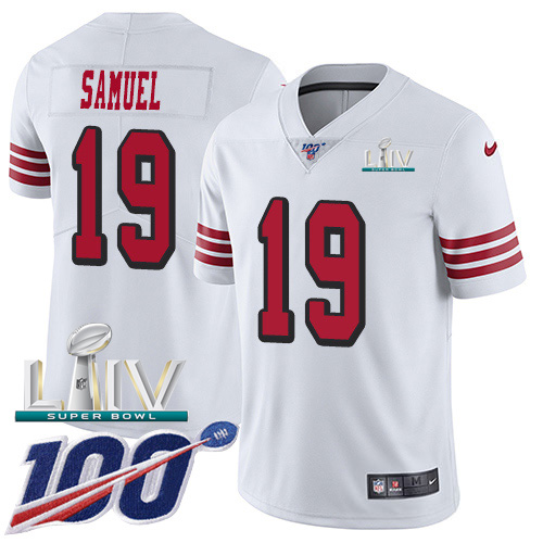 San Francisco 49ers Nike #19 Deebo Samuel White Super Bowl LIV 2020 Rush Men Stitched NFL Limited 100th Season Jersey